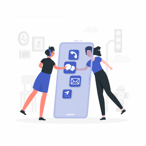 Illustration of two people touching a messaging app icon.